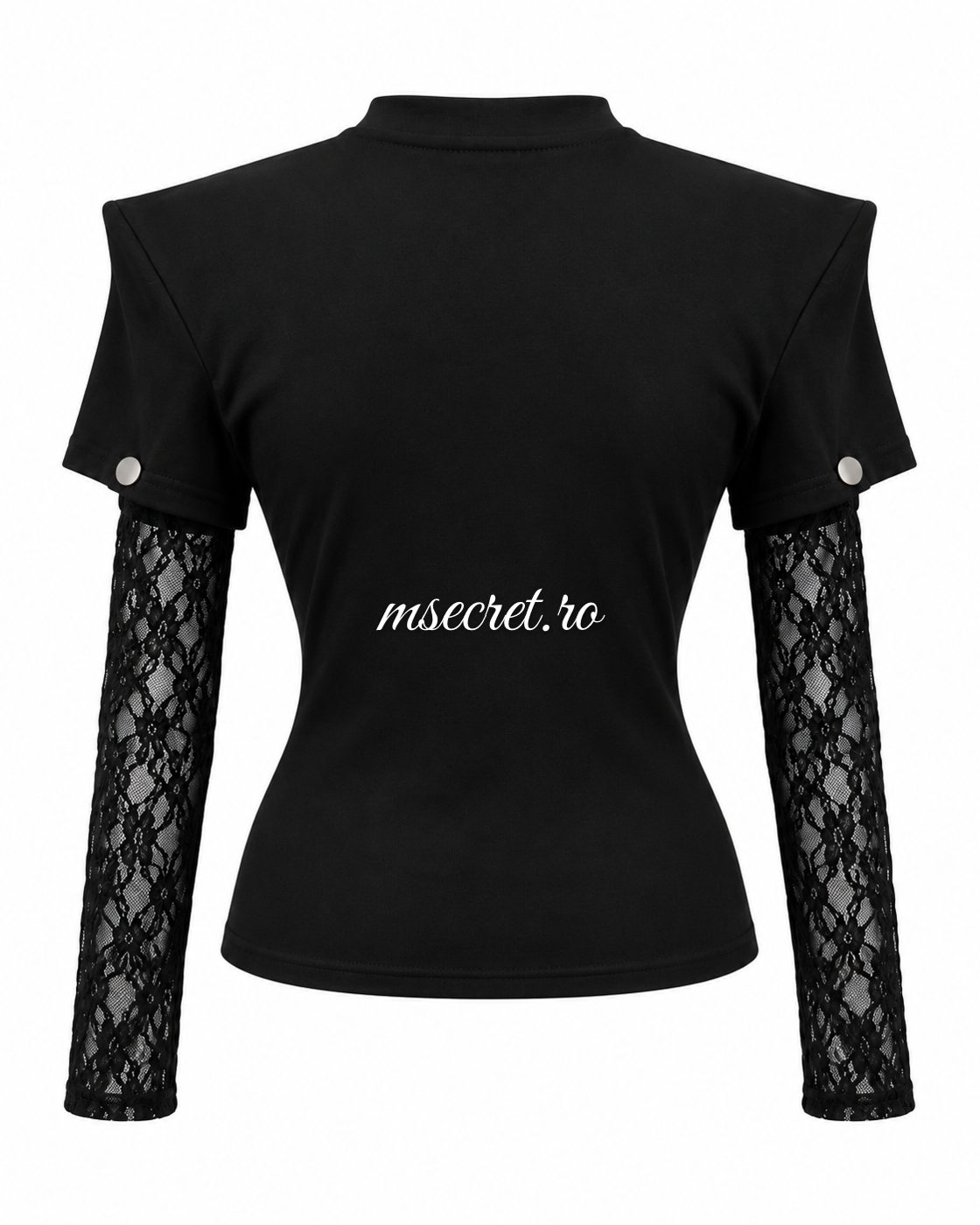 Bluza neagra cu cruce din pietre si maneci detasabile din dantela - vedere din spate