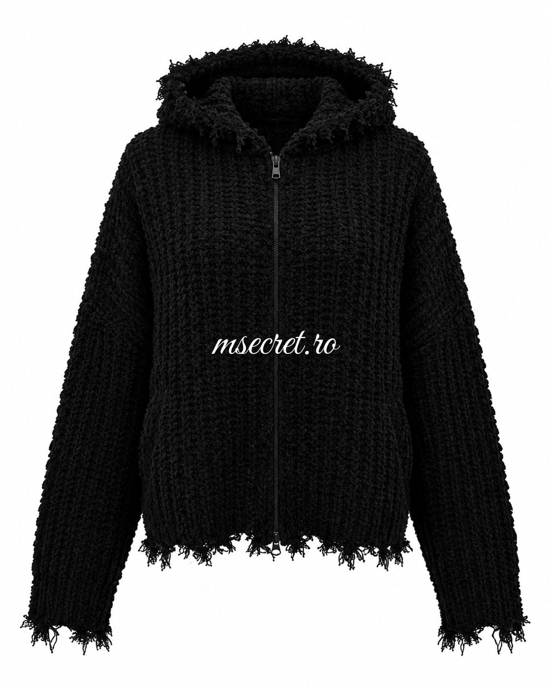 Bluza neagra cu gluga si fermoar - vedere din fata
