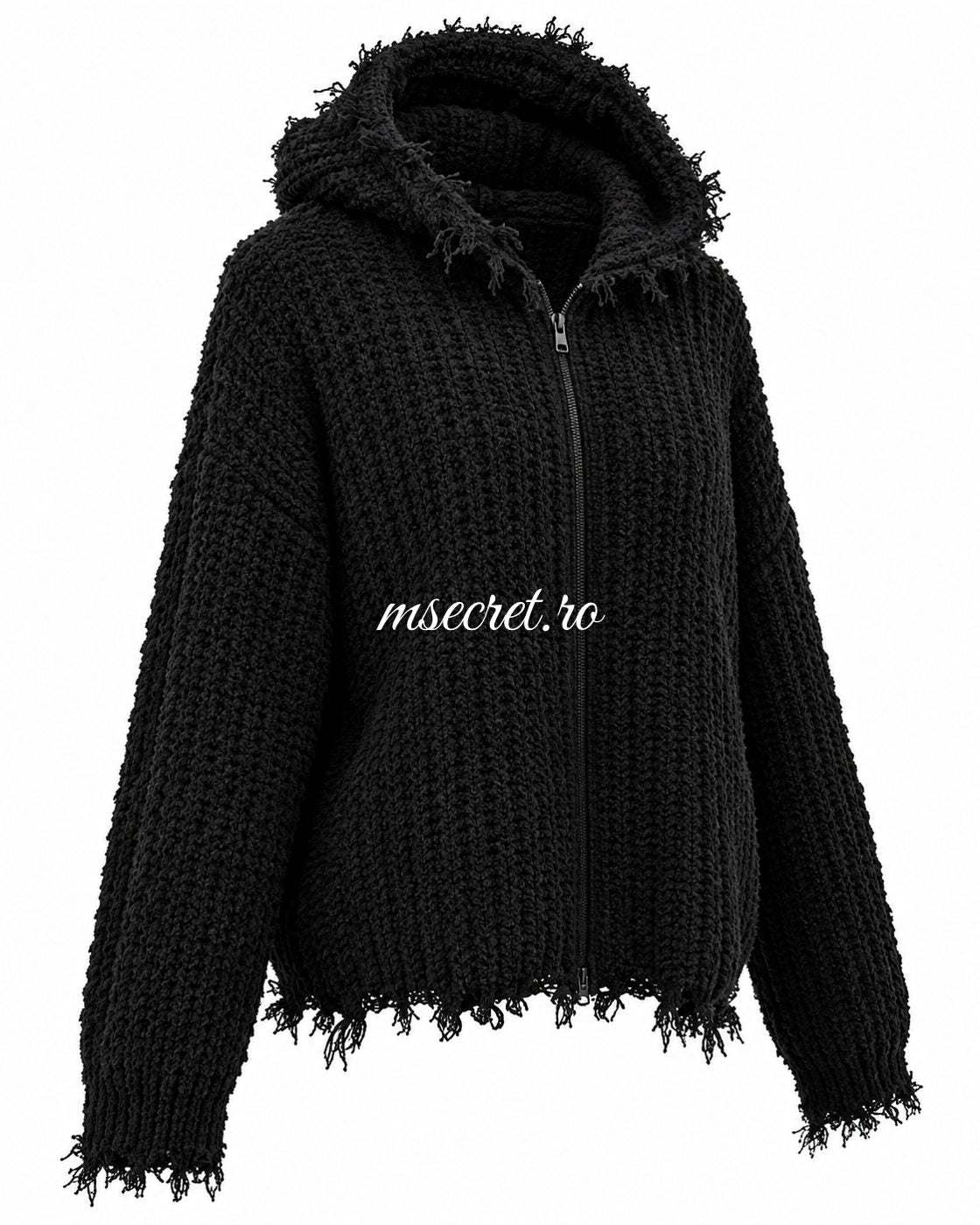 Bluza neagra cu gluga si fermoar - vedere din lateral