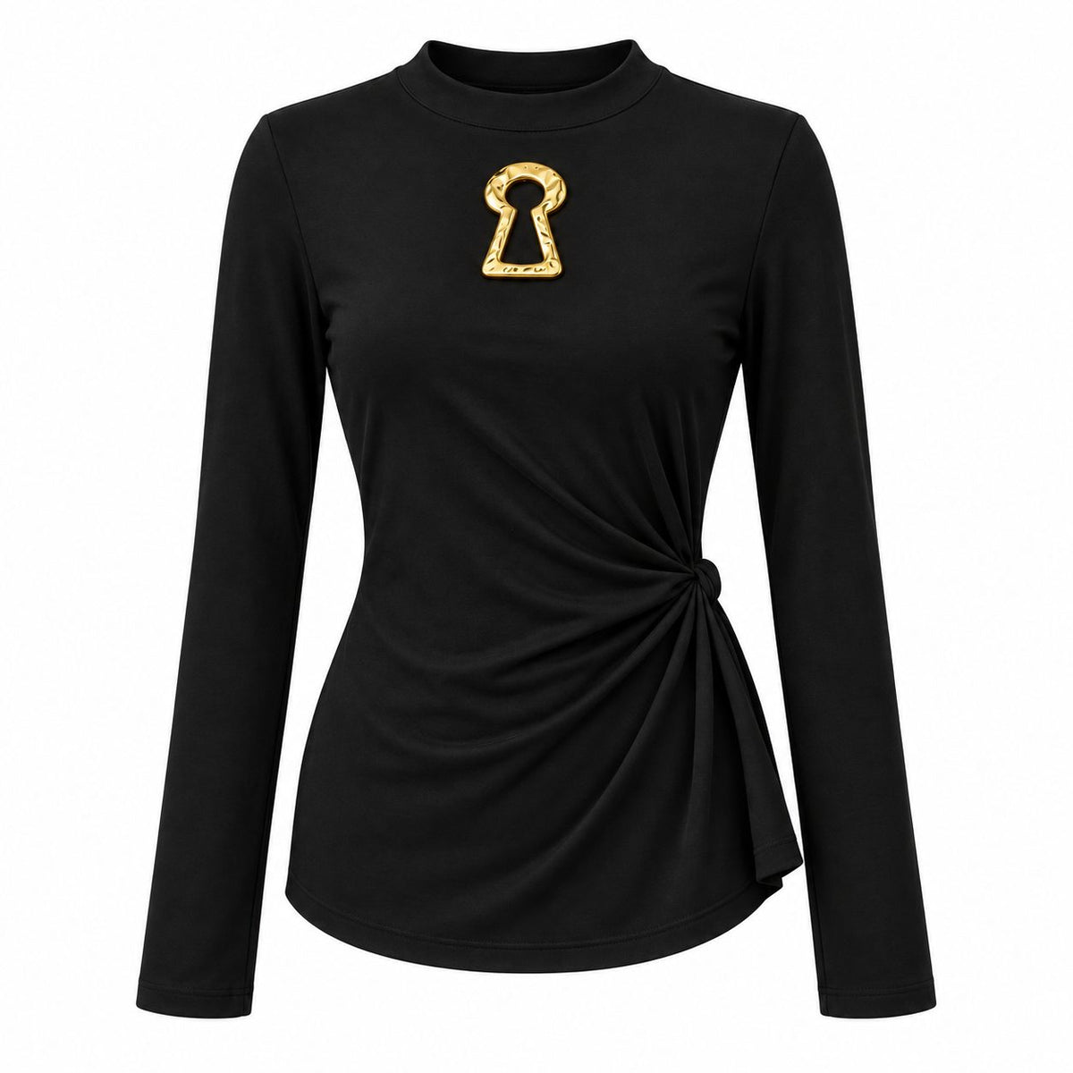 Bluza neagra din tricot cu brosa aurie si drapaj in talie