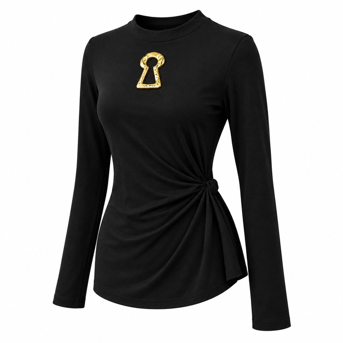 Bluza neagra din tricot cu brosa aurie si drapaj in talie