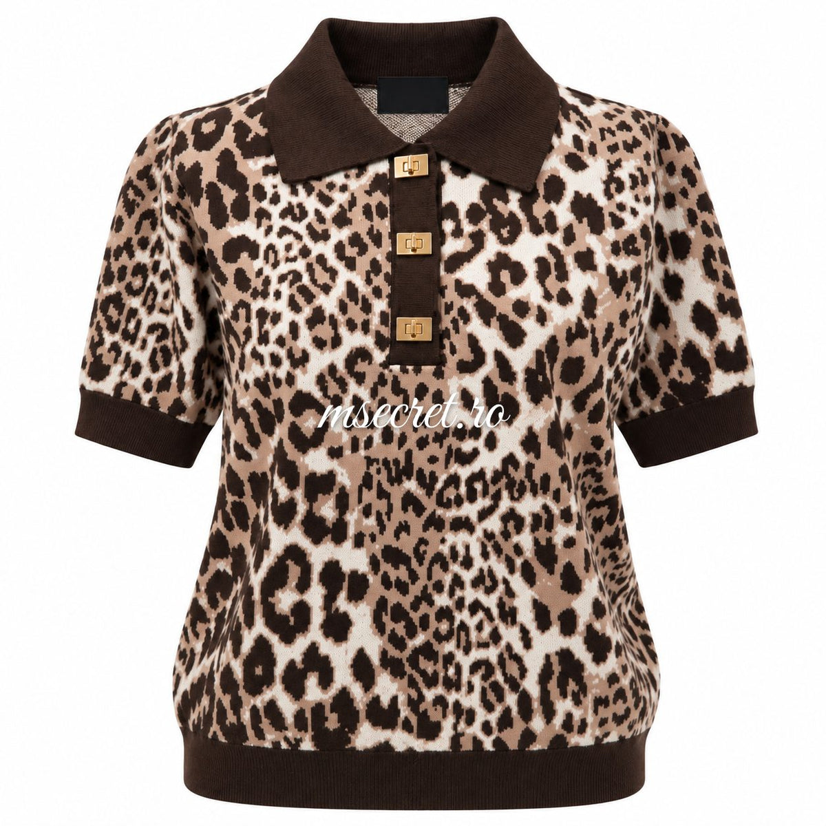 Bluza din tricot cu imprimeu leopard si guler