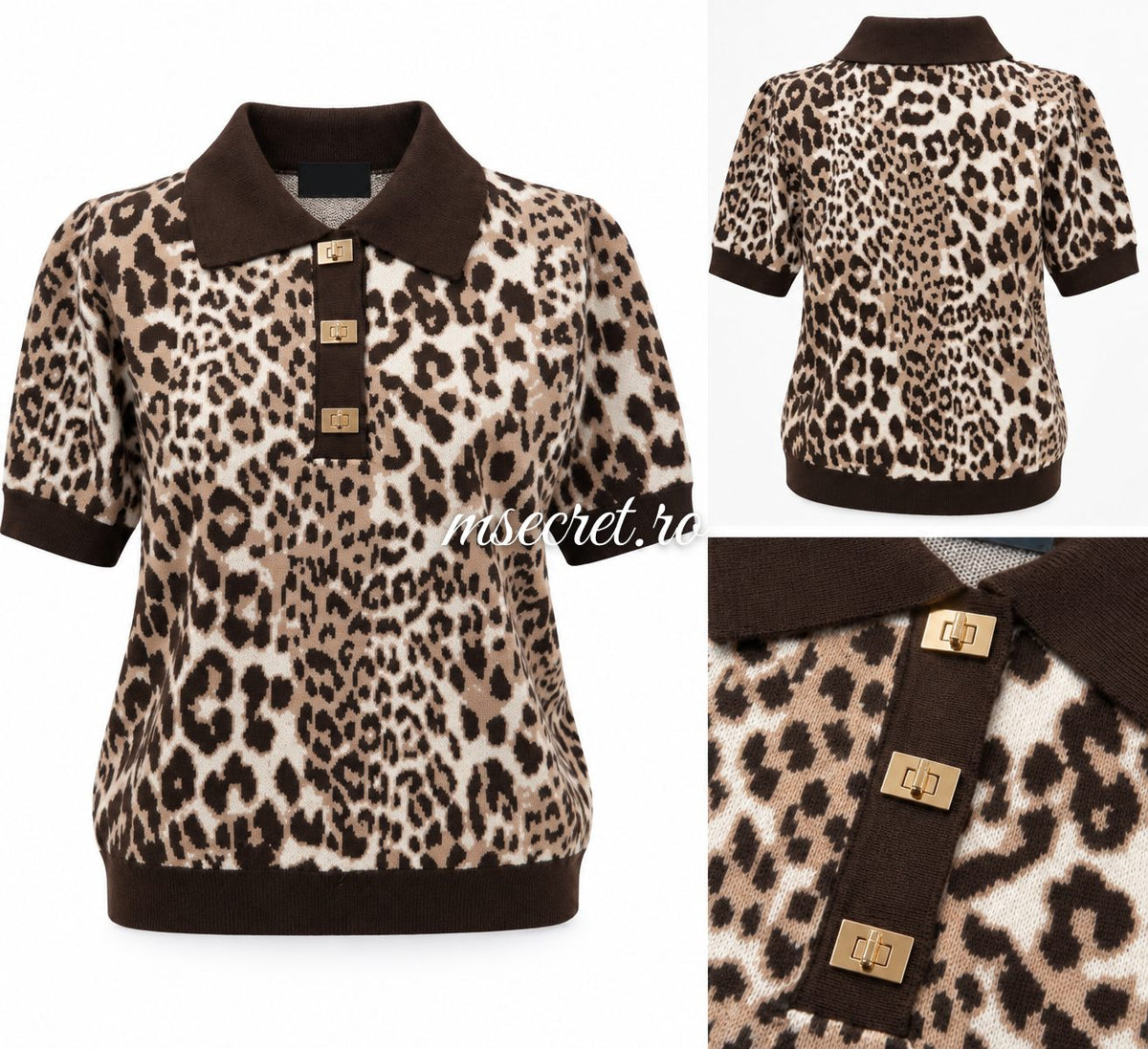 Bluza din tricot cu imprimeu leopard si guler