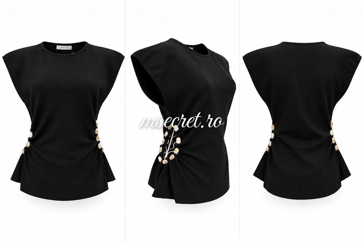 Bluza tricot neagra cu nasturi laterali si umeri accentuati