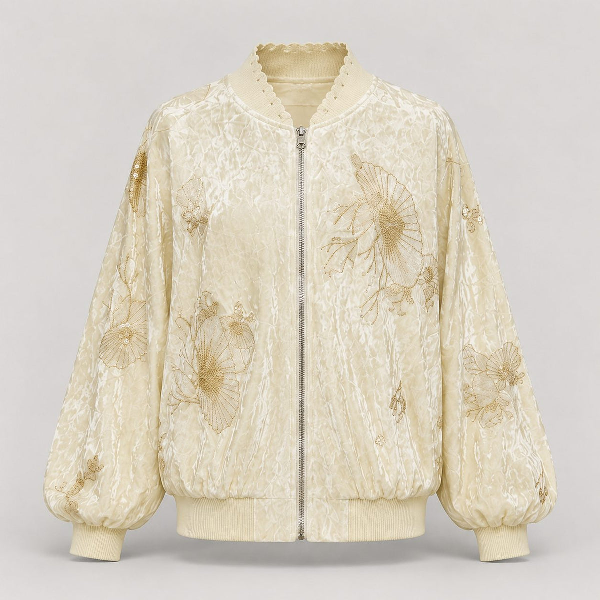 Geaca bomber crem din catifea cu broderie aurie
