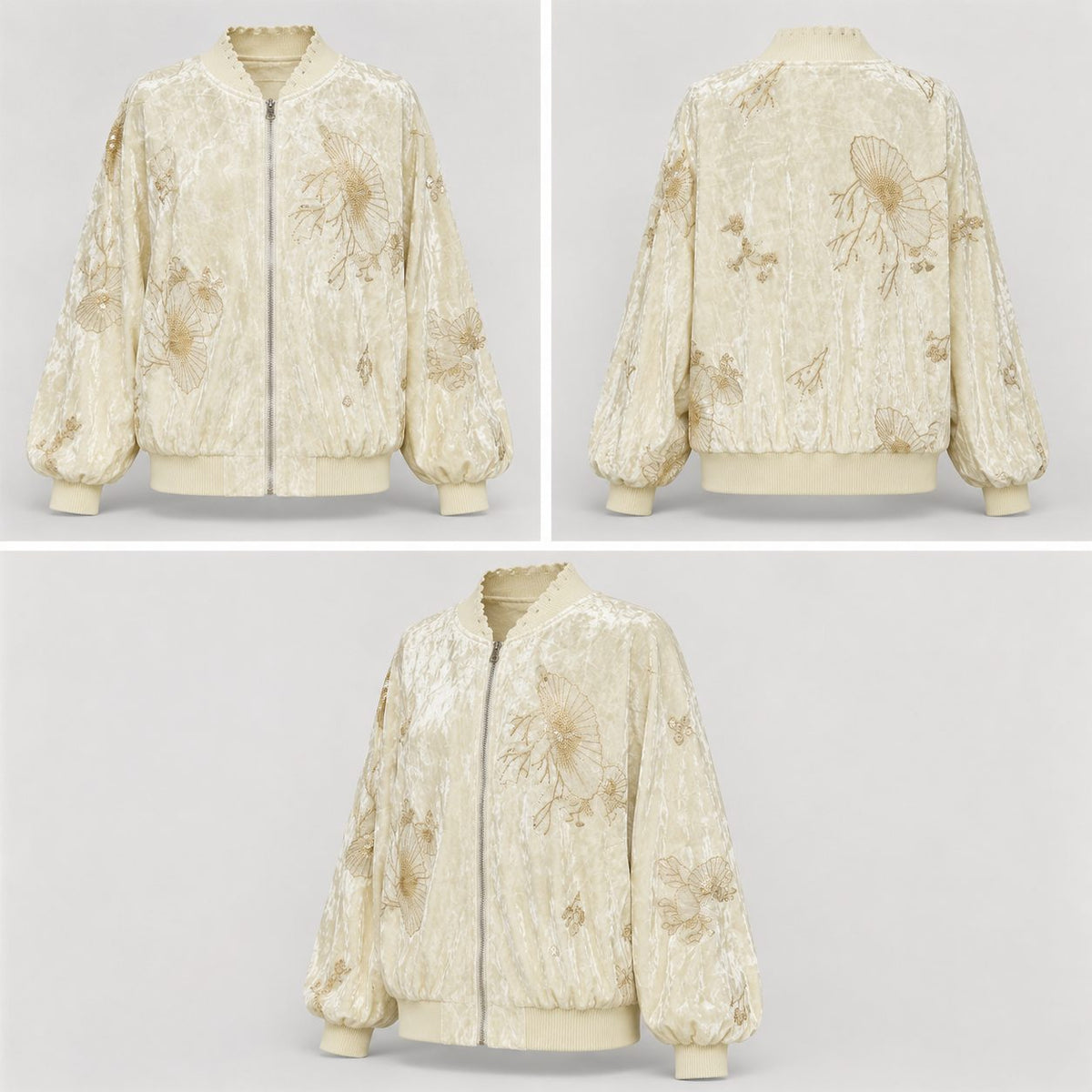 Geaca bomber crem din catifea cu broderie aurie