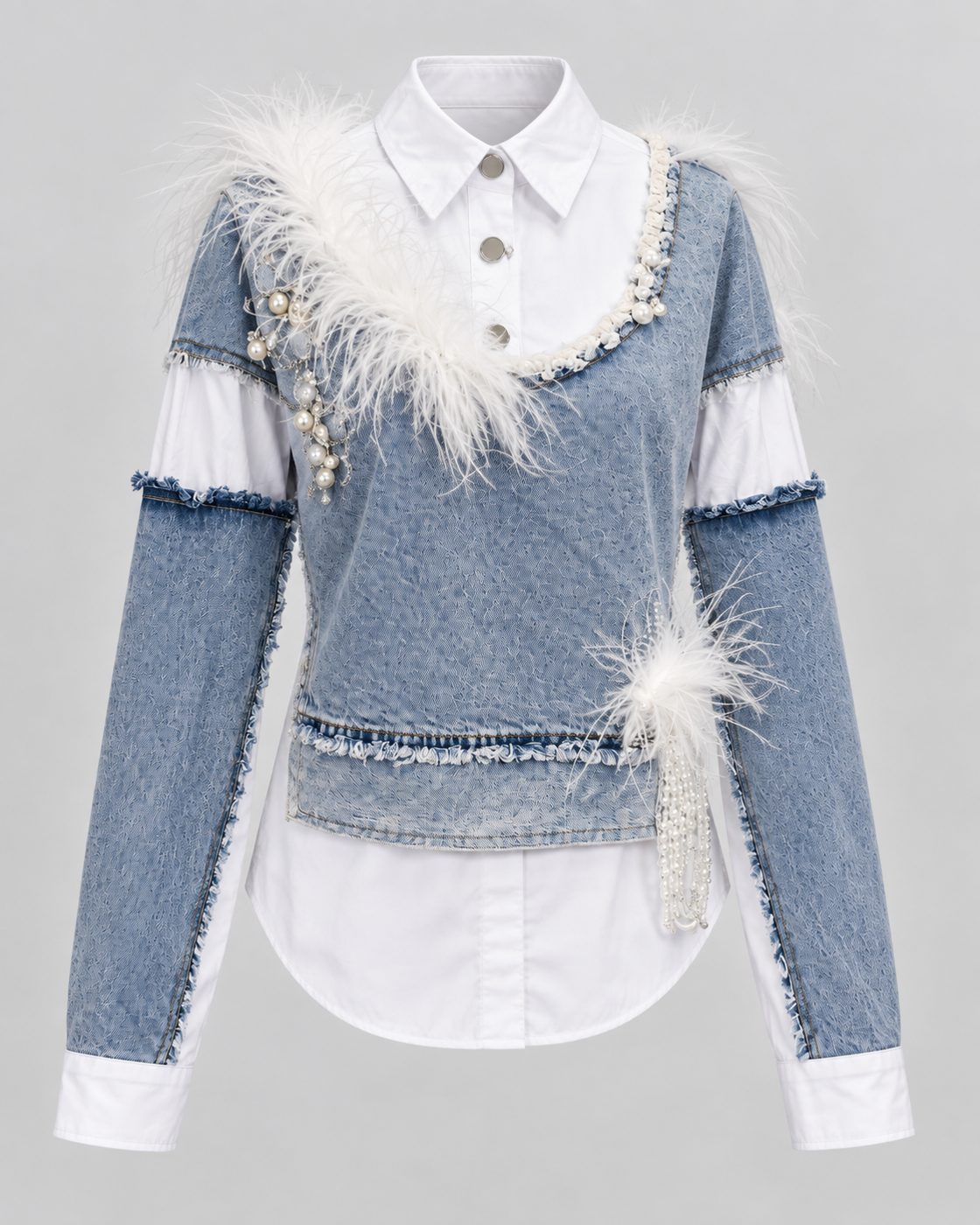 Camasa alba din bumbac cu insertii denim si pene