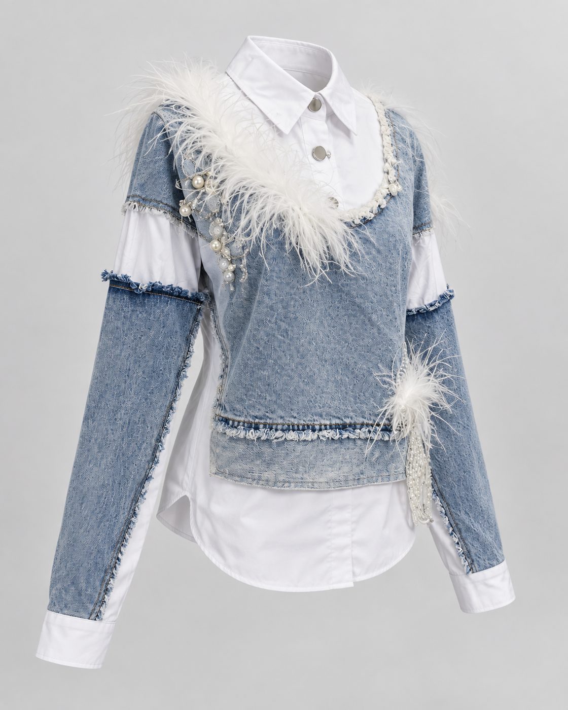 Camasa alba din bumbac cu insertii denim si pene