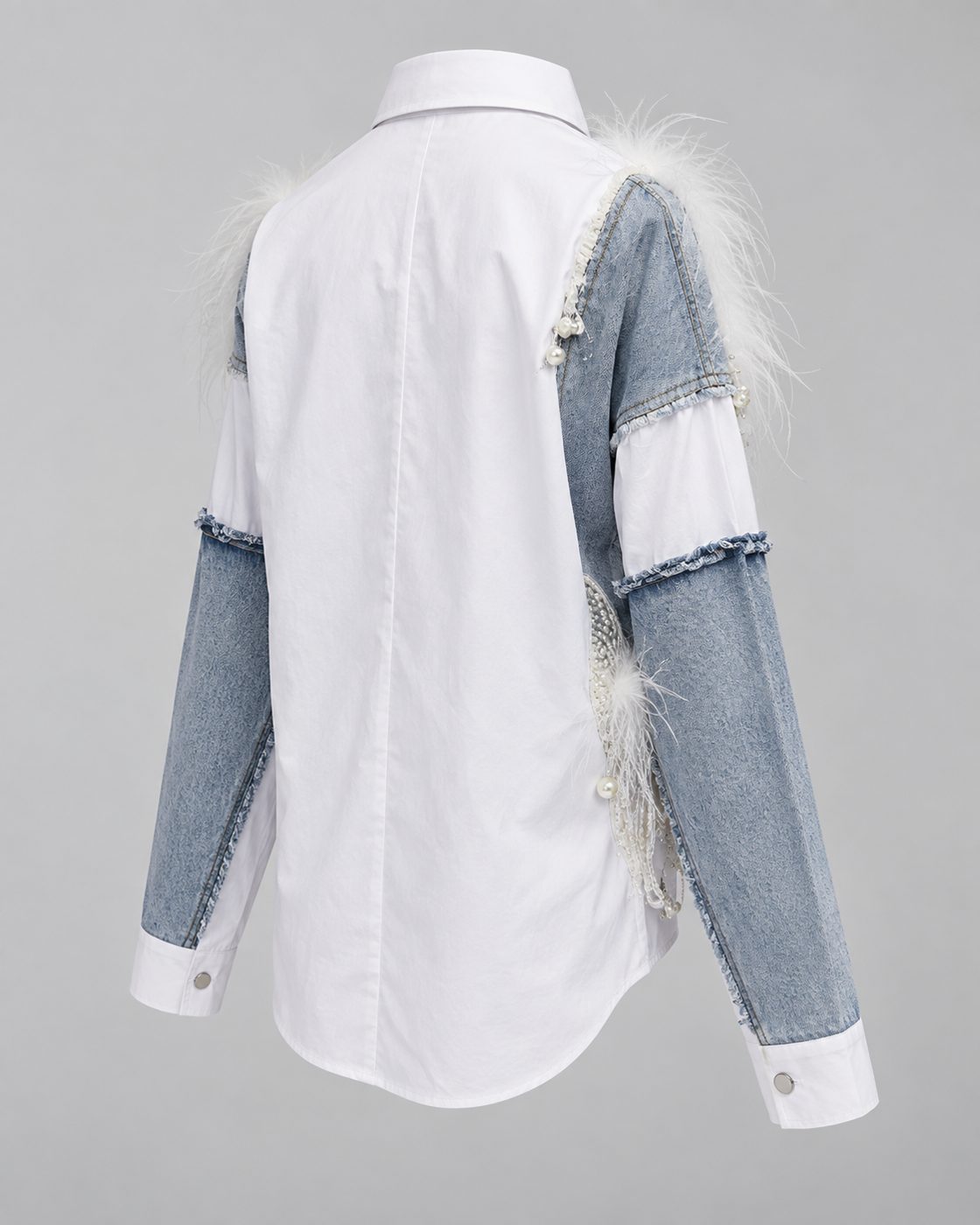 Camasa alba din bumbac cu insertii denim si pene