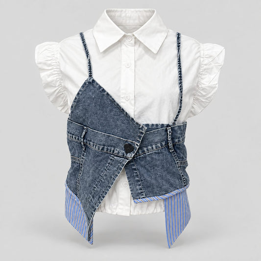 Camasa alba cu vesta din denim aplicata