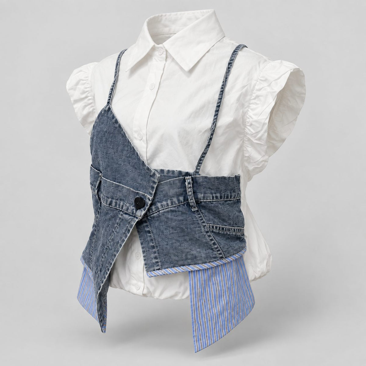 Camasa alba cu vesta din denim aplicata