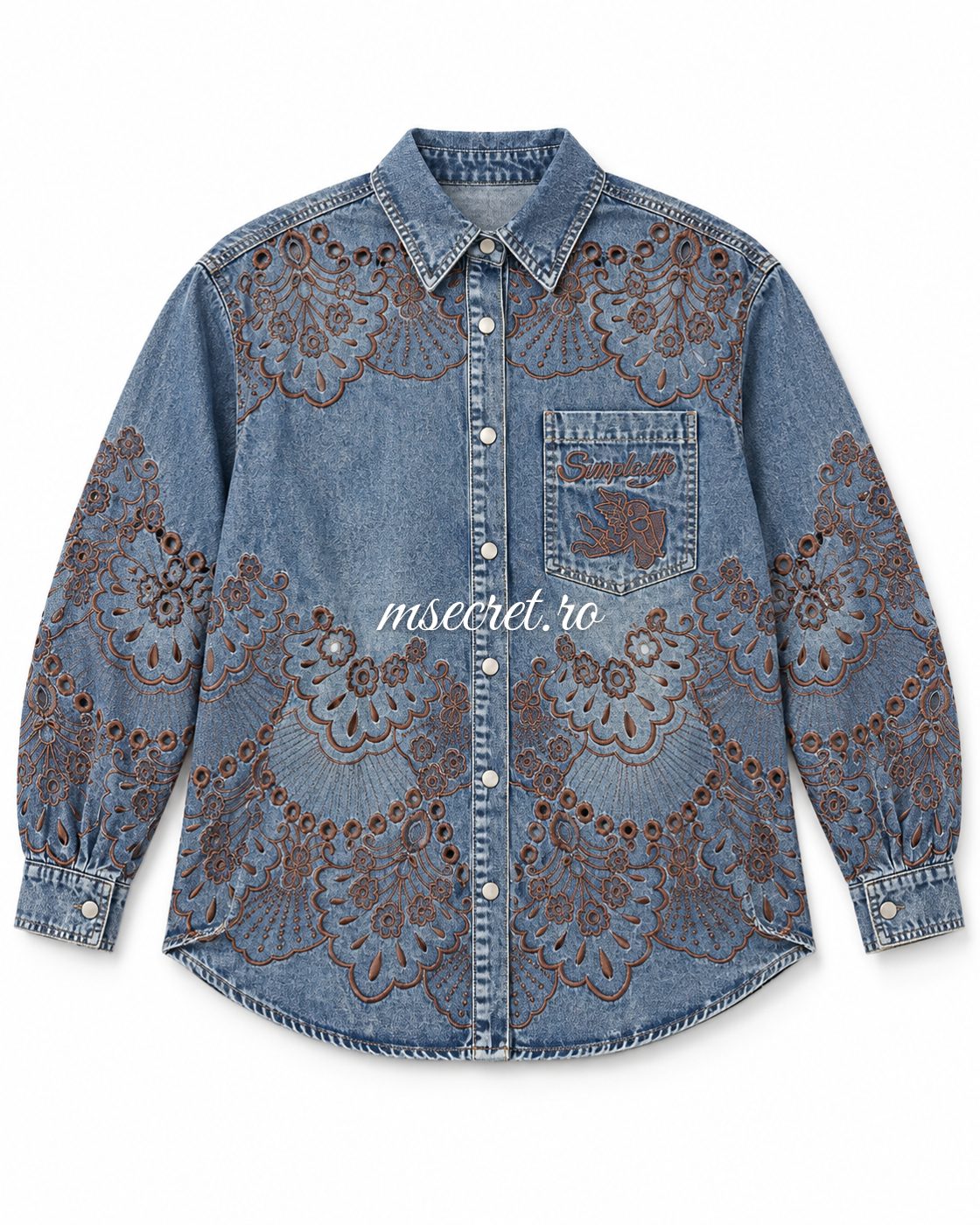 Camasa din denim cu broderie florala perforata - vedere din fata