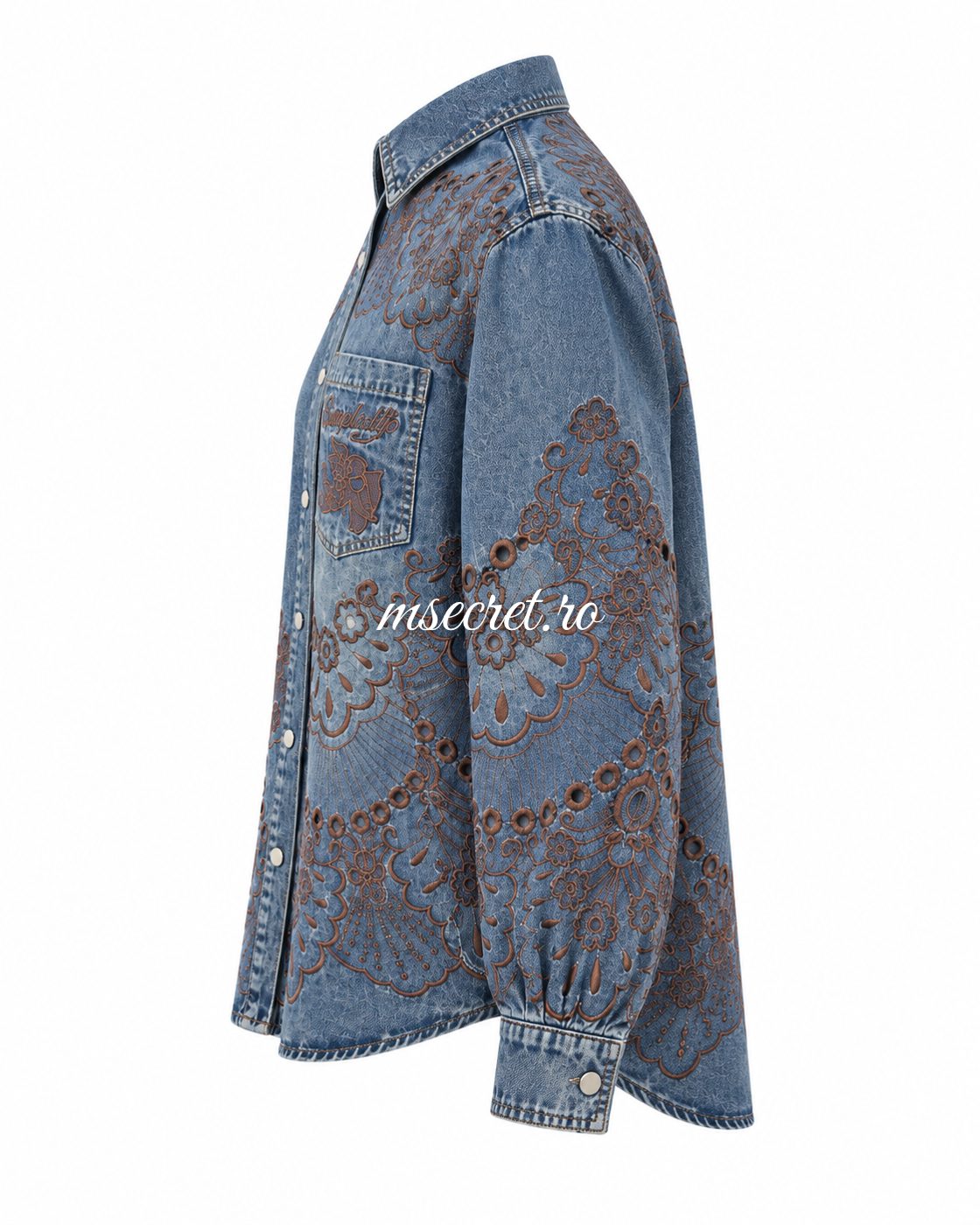 Camasa din denim cu broderie florala perforata - vedere din lateral