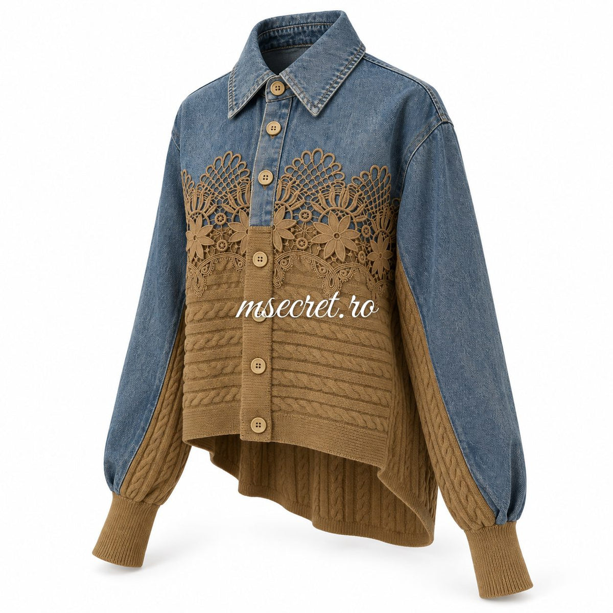 Camasa din denim cu tricot maro si dantela