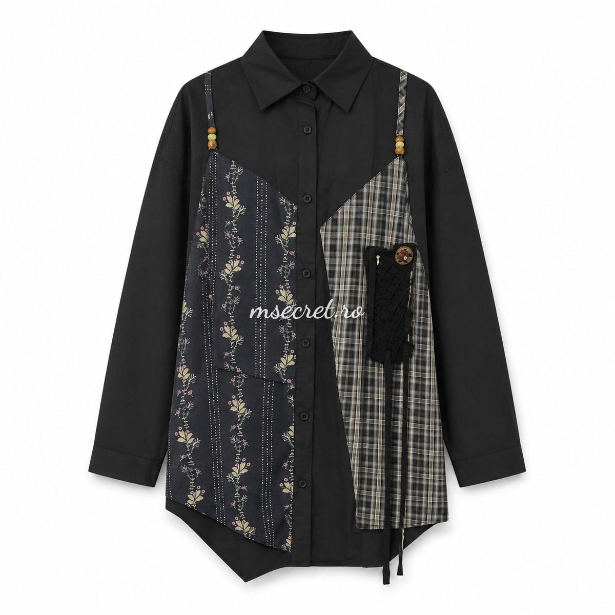 Camasa neagra din bumbac cu insertii florale si carouri