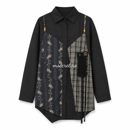 Camasa neagra din bumbac cu insertii florale si carouri