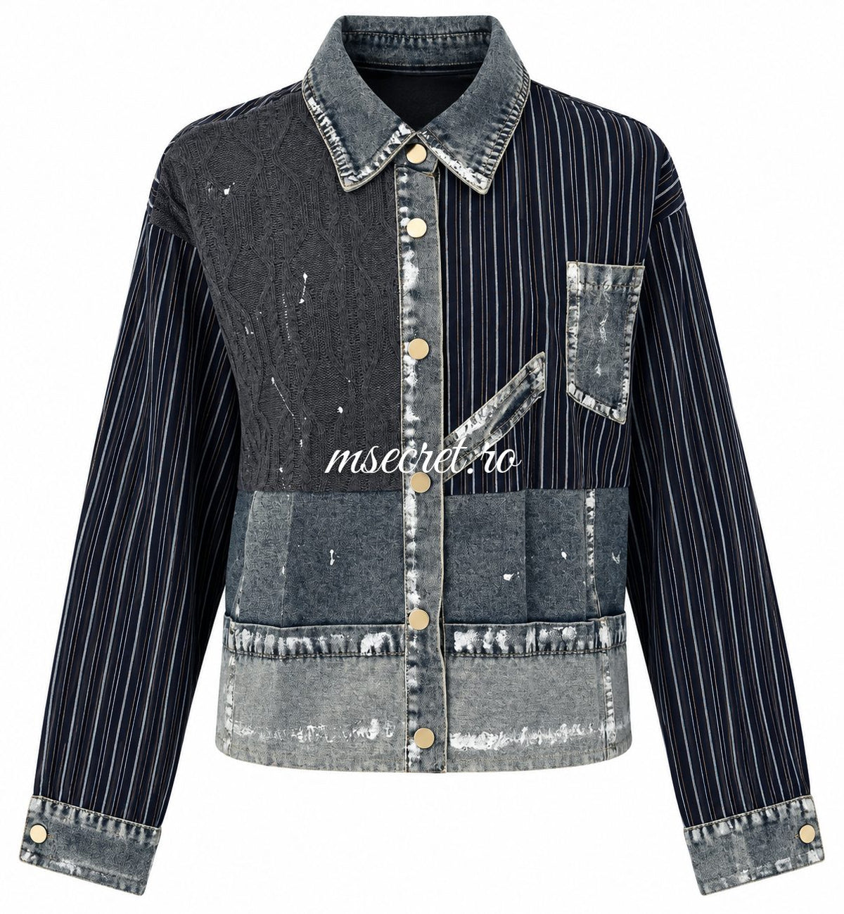 Camasa tip jacheta din bumbac bleumarin cu dungi si denim - vedere din fata