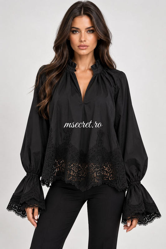 Camasa neagra din bumbac cu broderie si maneci bufante - pe model