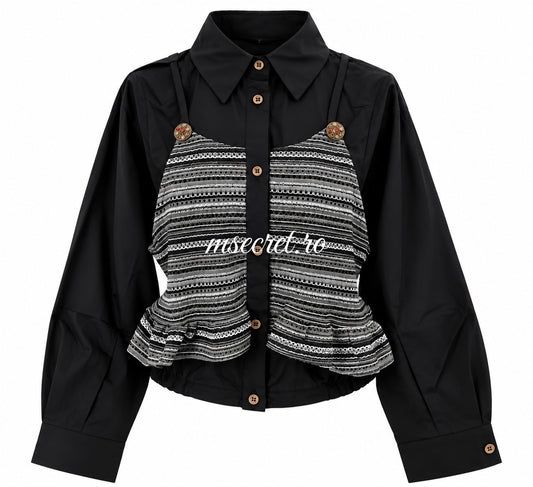 Camasa neagra din bumbac cu insertie tip corset - vedere din fata