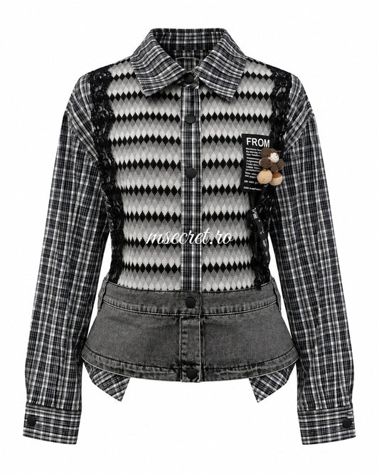 Camasa tip jacheta cu tricot, carouri si denim - vedere din fata