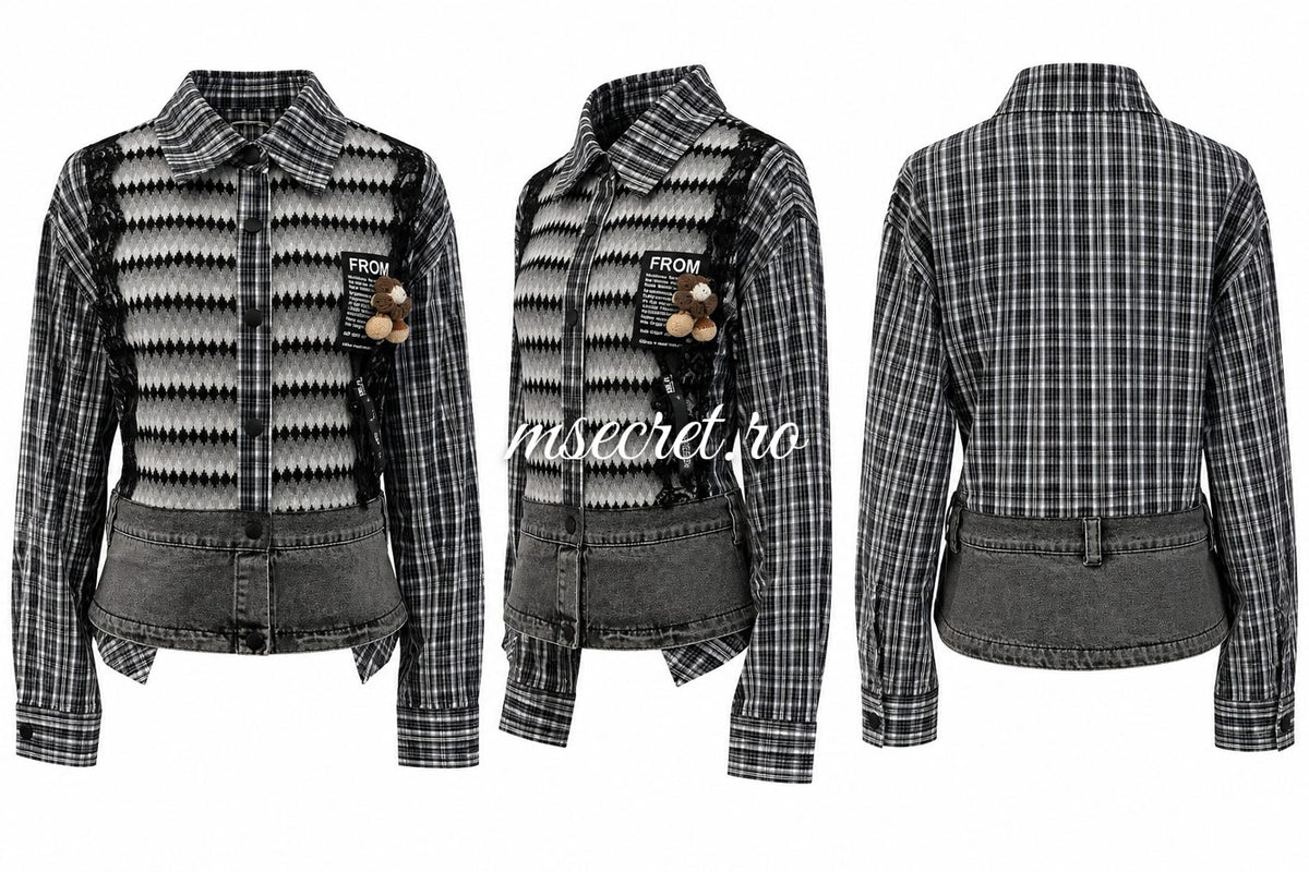 Camasa tip jacheta cu tricot, carouri si denim - detaliu