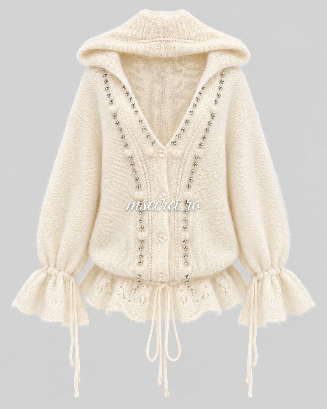 Cardigan din mohair crem cu gluga si pietre - vedere din fata