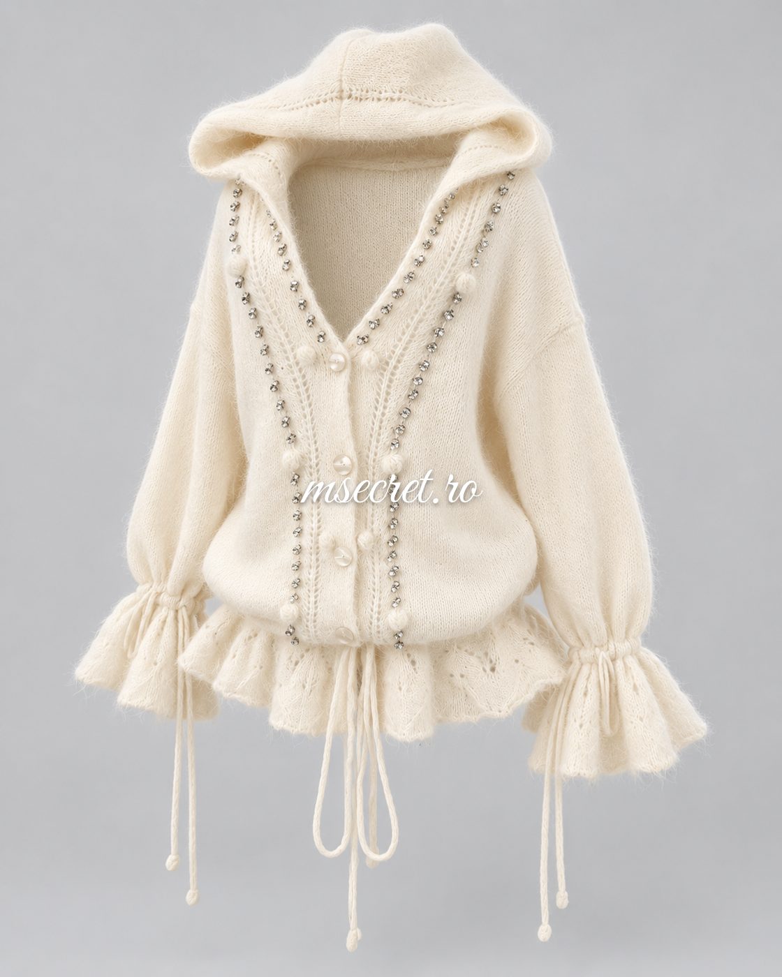 Cardigan din mohair crem cu gluga si pietre - vedere din lateral