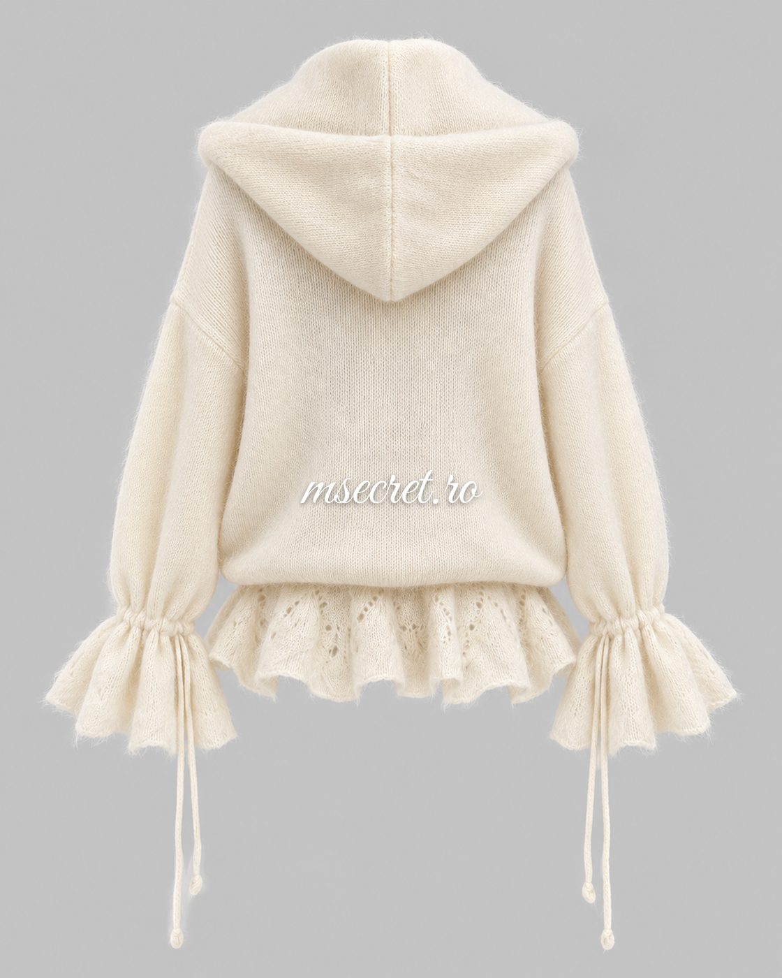 Cardigan din mohair crem cu gluga si pietre - vedere din spate