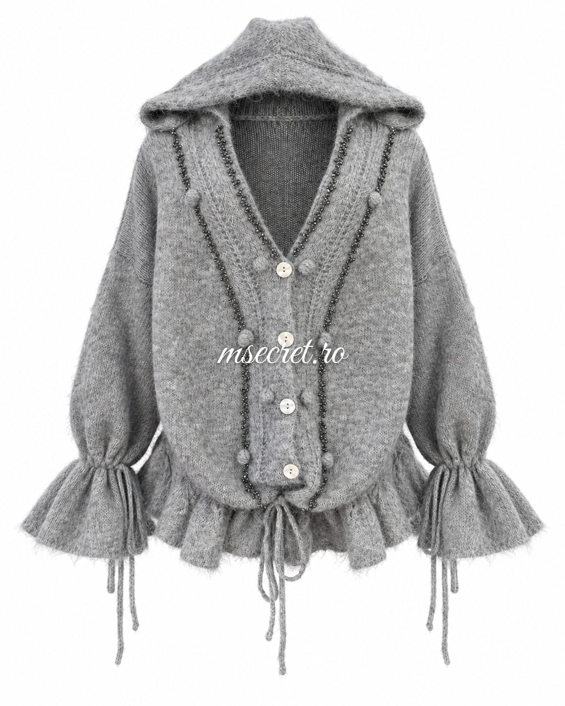 Cardigan din mohair gri cu gluga - vedere din fata