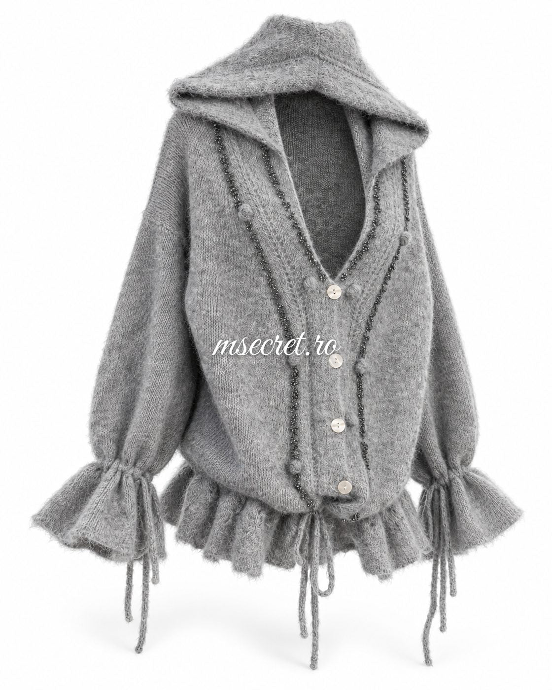 Cardigan din mohair gri cu gluga - vedere din lateral