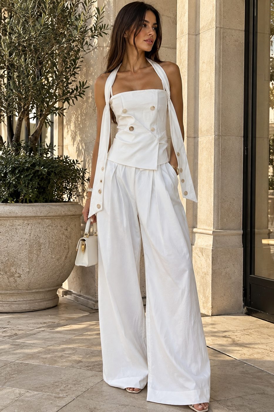 Compleu alb cu top tip corset si pantaloni largi