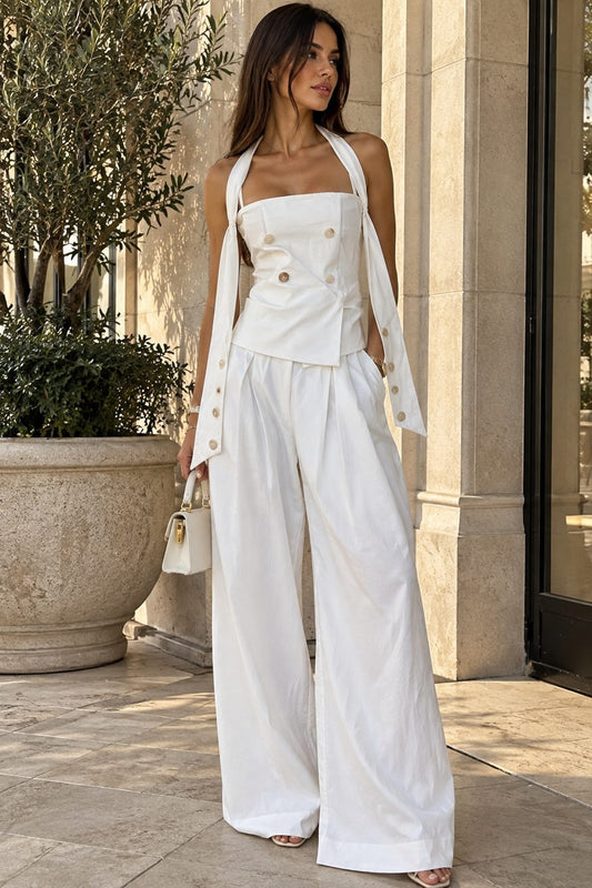 Compleu alb cu top tip corset si pantaloni largi