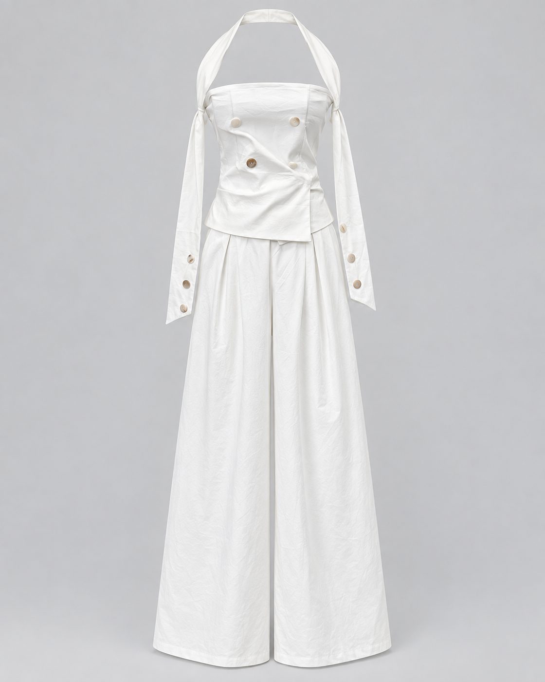 Compleu alb cu top tip corset si pantaloni largi