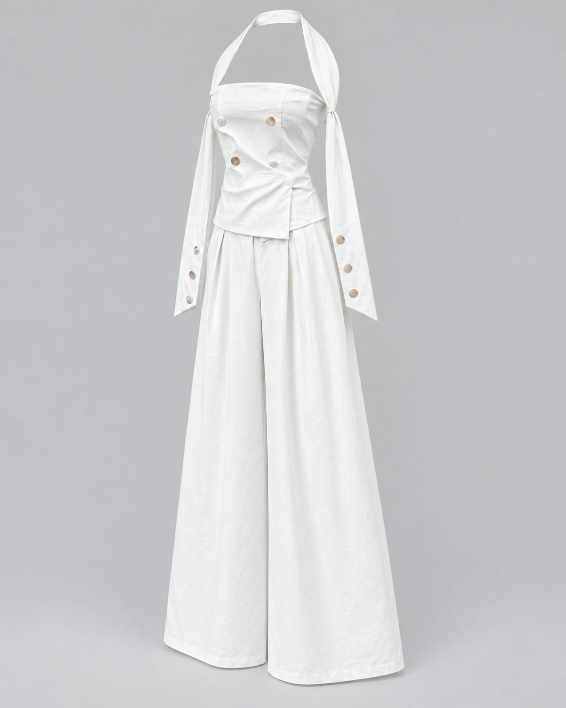 Compleu alb cu top tip corset si pantaloni largi
