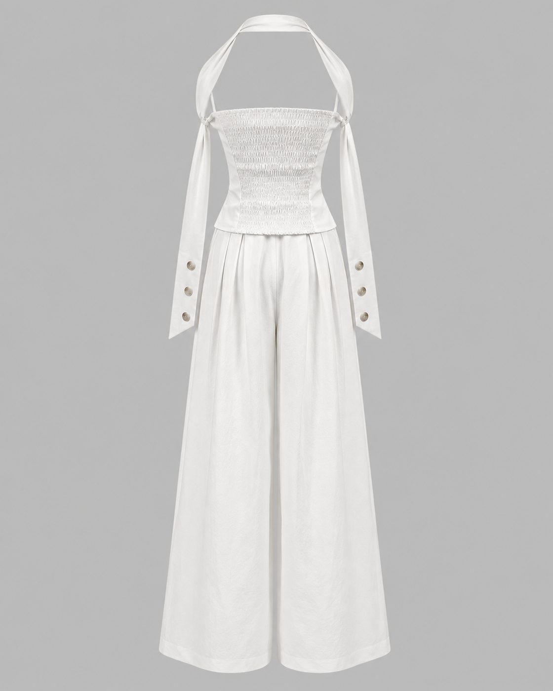Compleu alb cu top tip corset si pantaloni largi