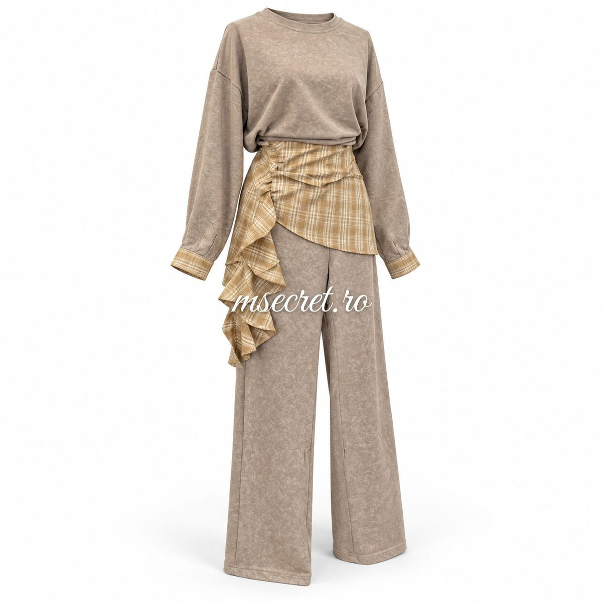 Compleu bej din bumbac cu bluza si pantaloni