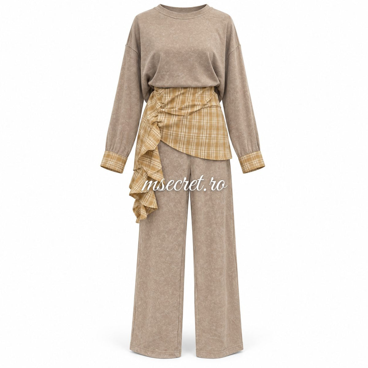 Compleu bej din bumbac cu bluza si pantaloni