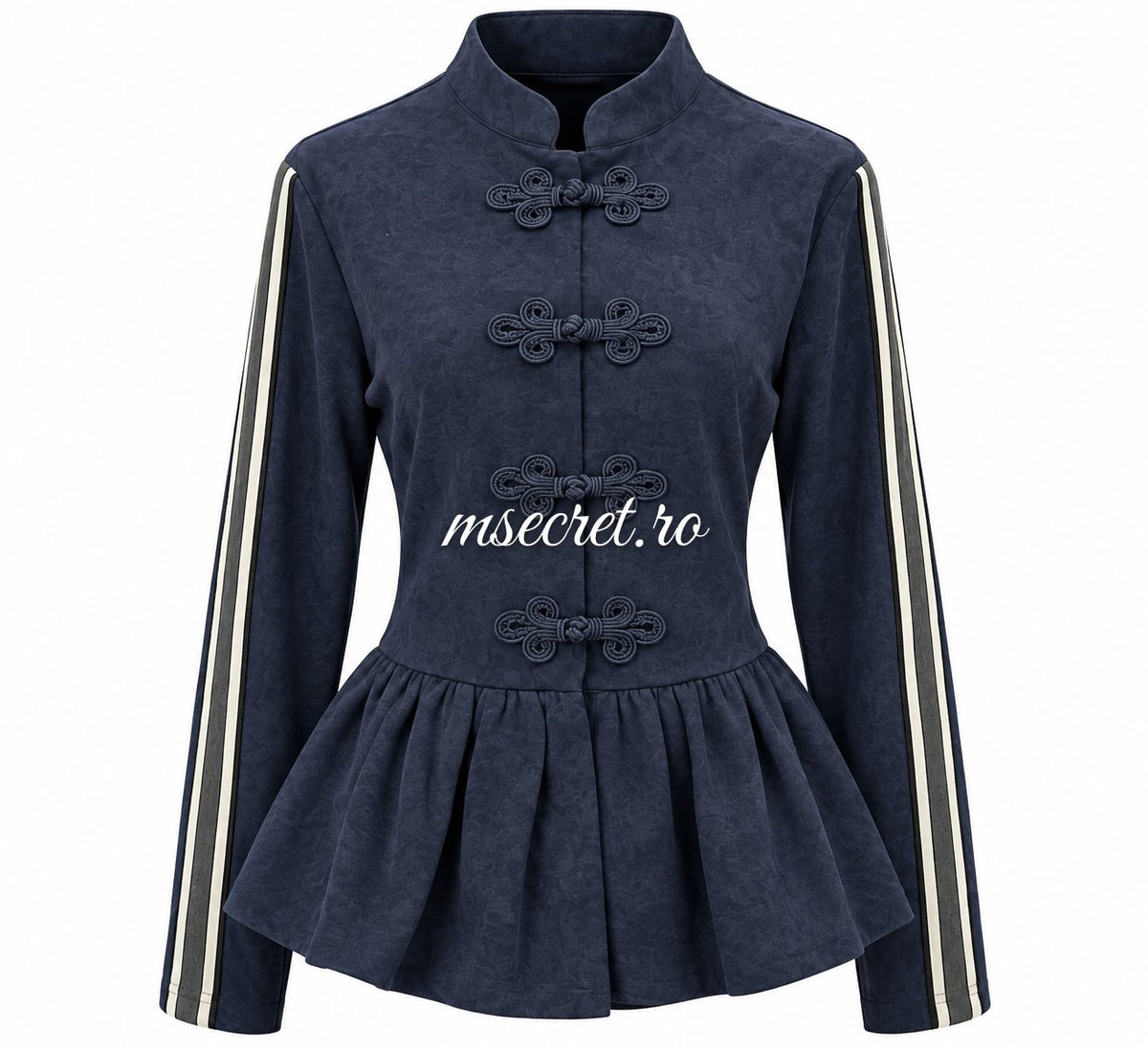 Compleu bleumarin din bumbac cu bluza peplum si pantaloni - vedere din fata