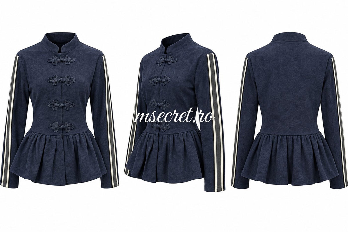 Compleu bleumarin din bumbac cu bluza peplum si pantaloni - detaliu 2