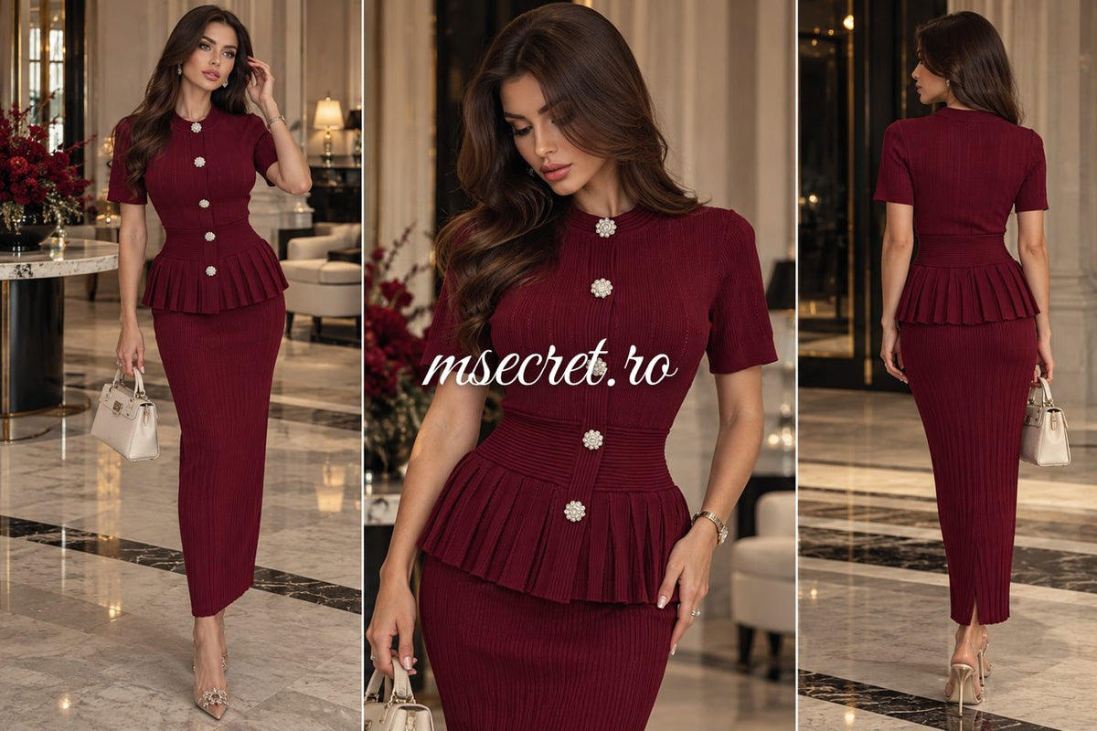 Compleu bordo cu top cu peplum, nasturi bijuterie si fusta midi - colaj
