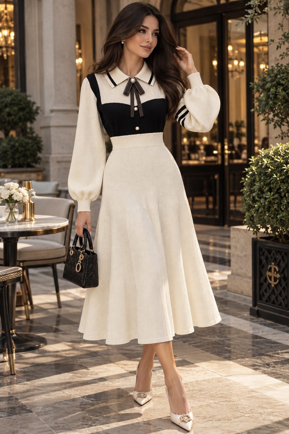 Compleu din tricot crem cu negru, pulover si fusta lunga