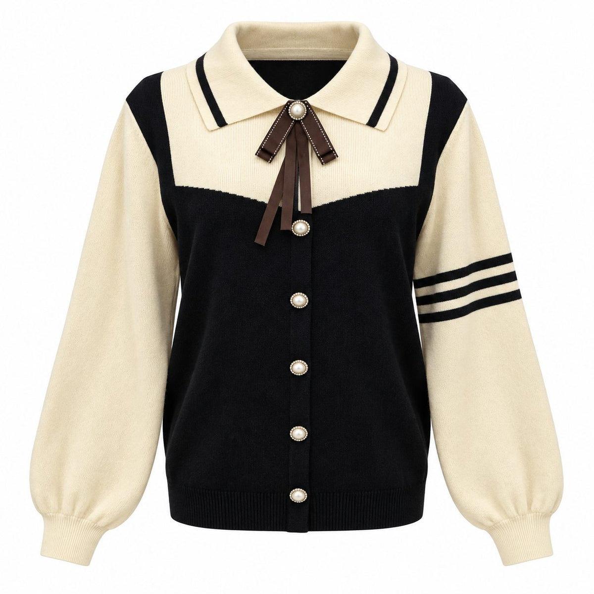 Compleu din tricot crem cu negru, pulover si fusta lunga