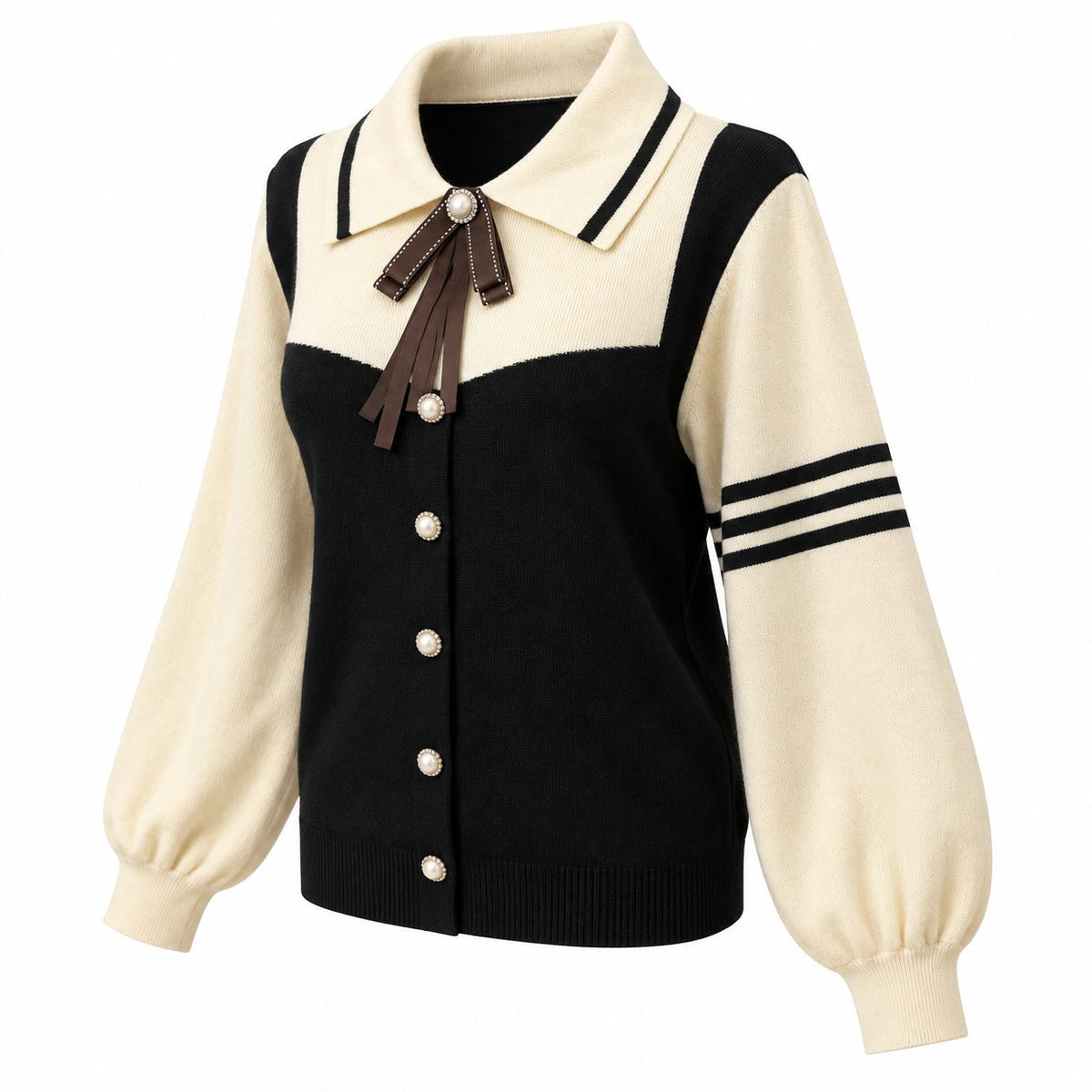 Compleu din tricot crem cu negru, pulover si fusta lunga