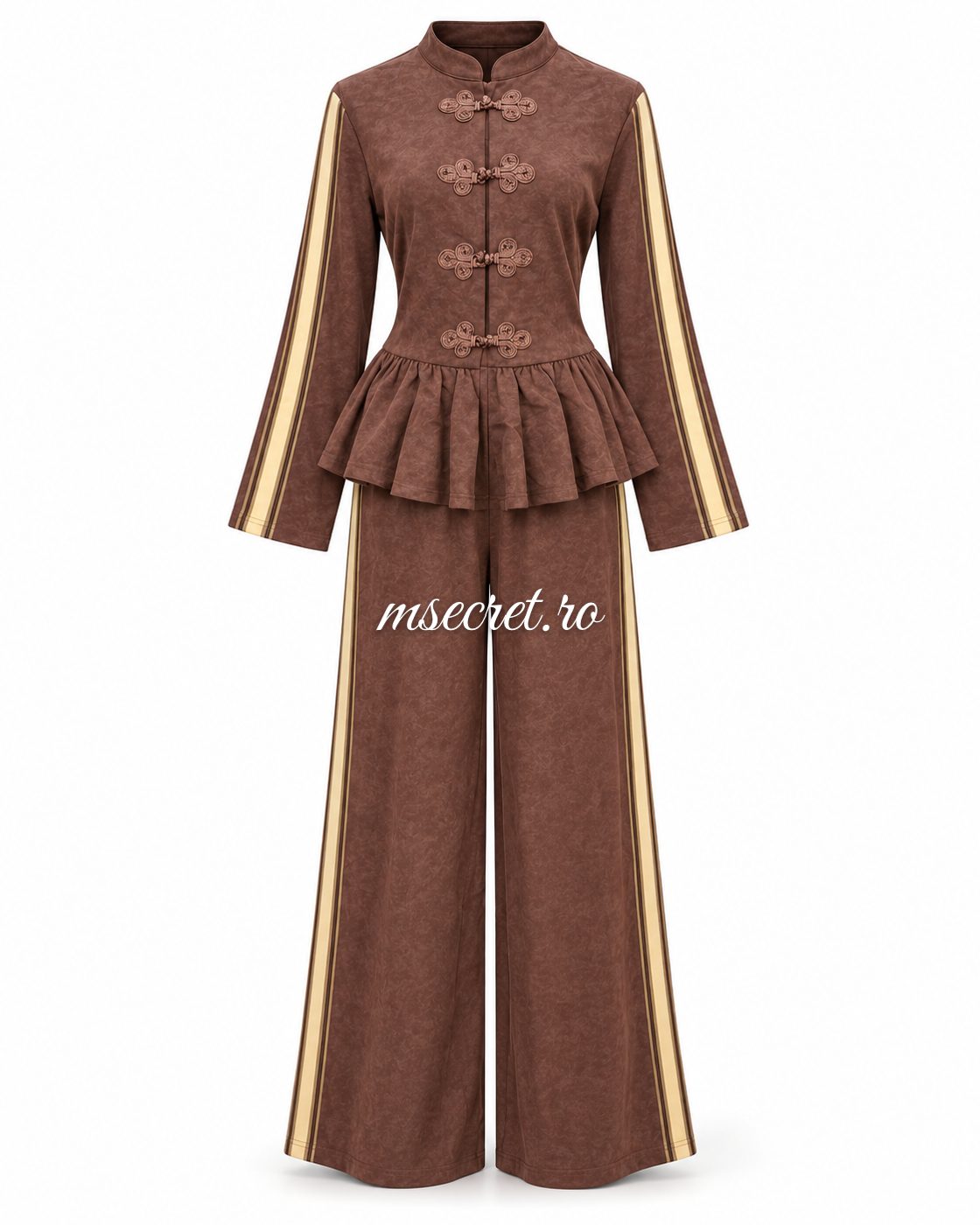 Compleu maro din bumbac cu bluza peplum si pantaloni - vedere din fata