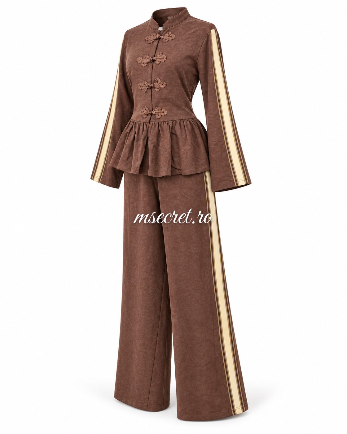 Compleu maro din bumbac cu bluza peplum si pantaloni - vedere din lateral