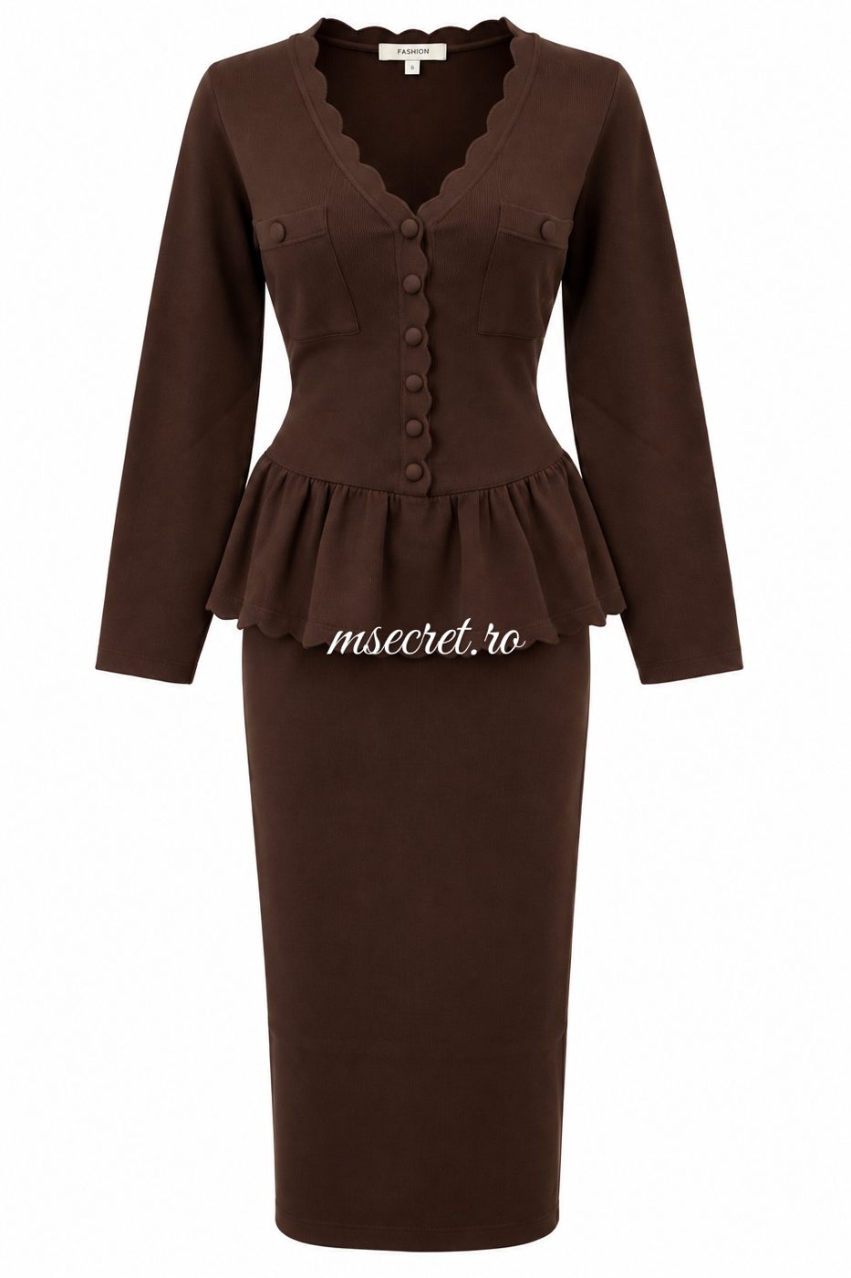 Compleu maro din tricot cu bluza peplum si fusta midi - vedere din fata