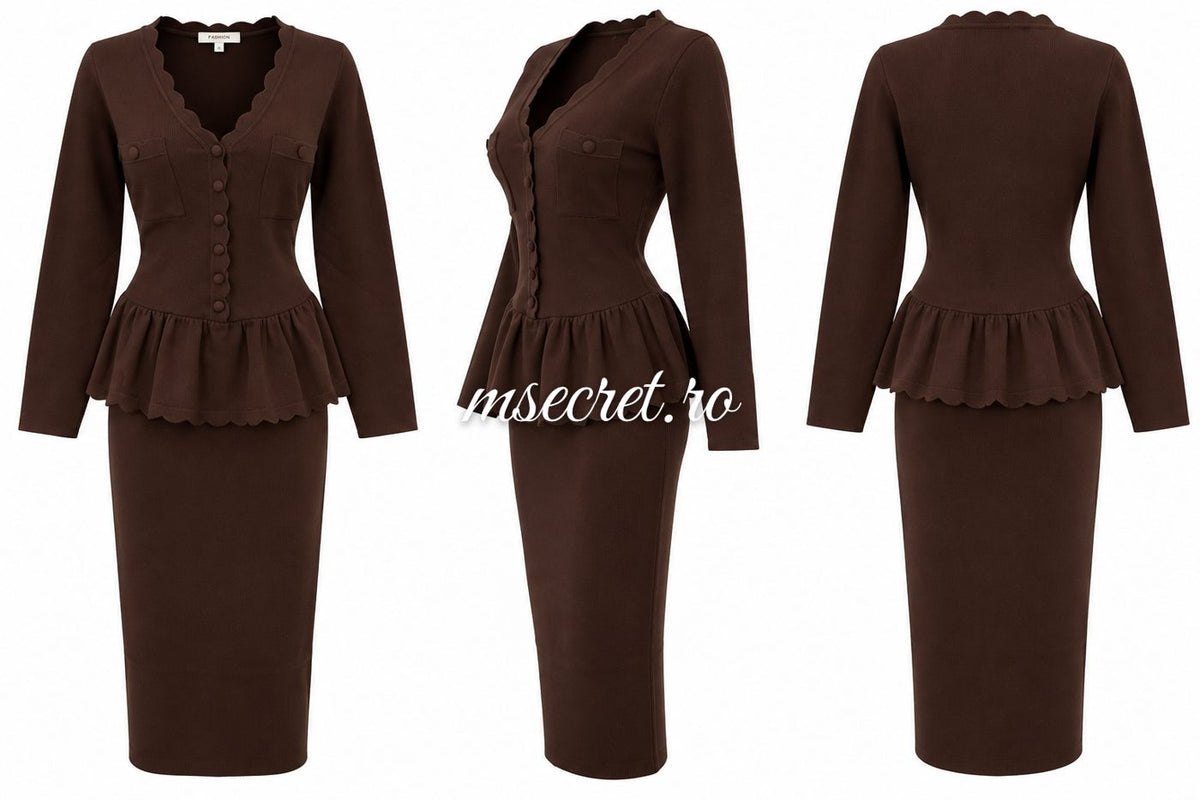 Compleu maro din tricot cu bluza peplum si fusta midi - detaliu
