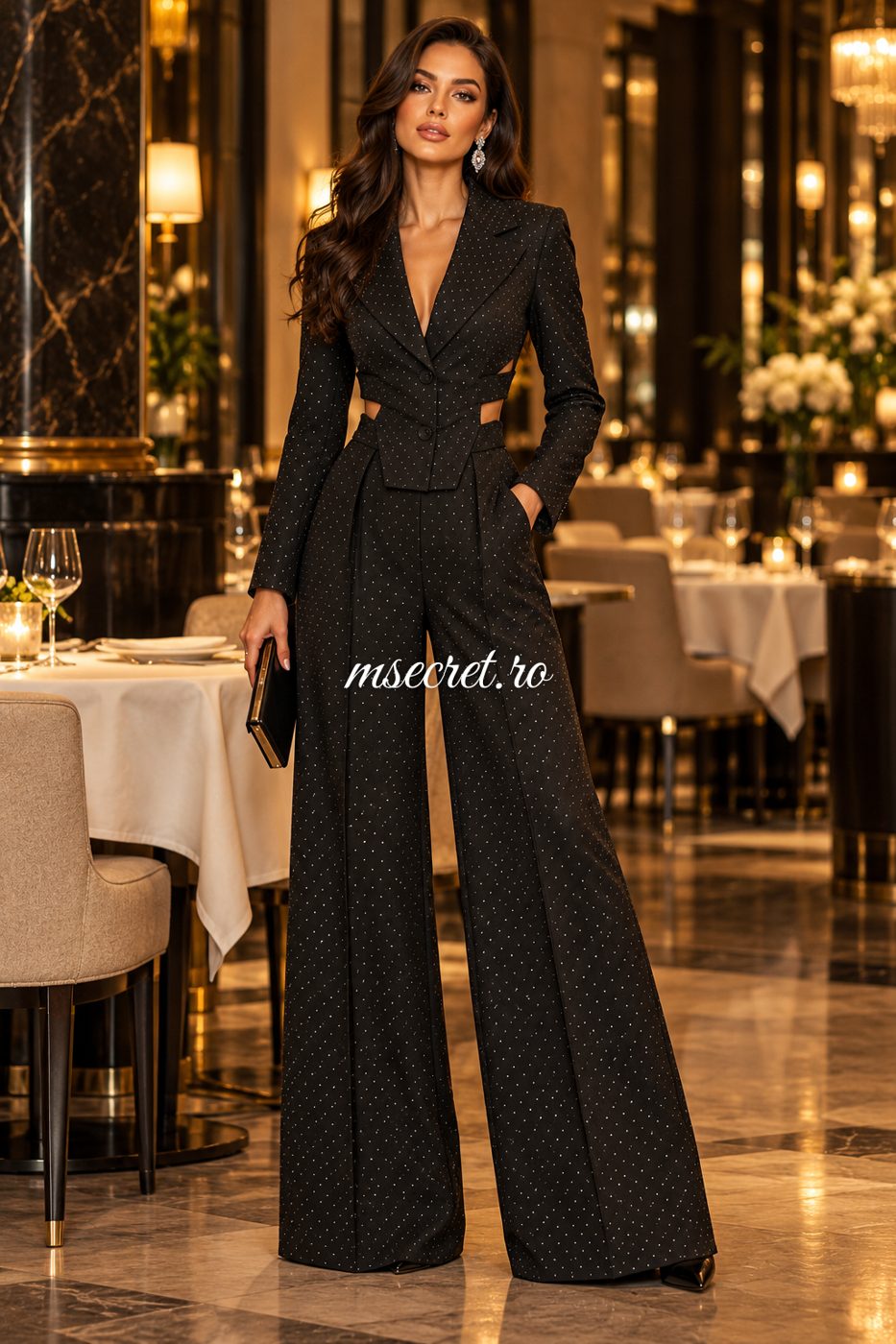 Compleu negru cu sacou cambrat si pantaloni lungi - pe model