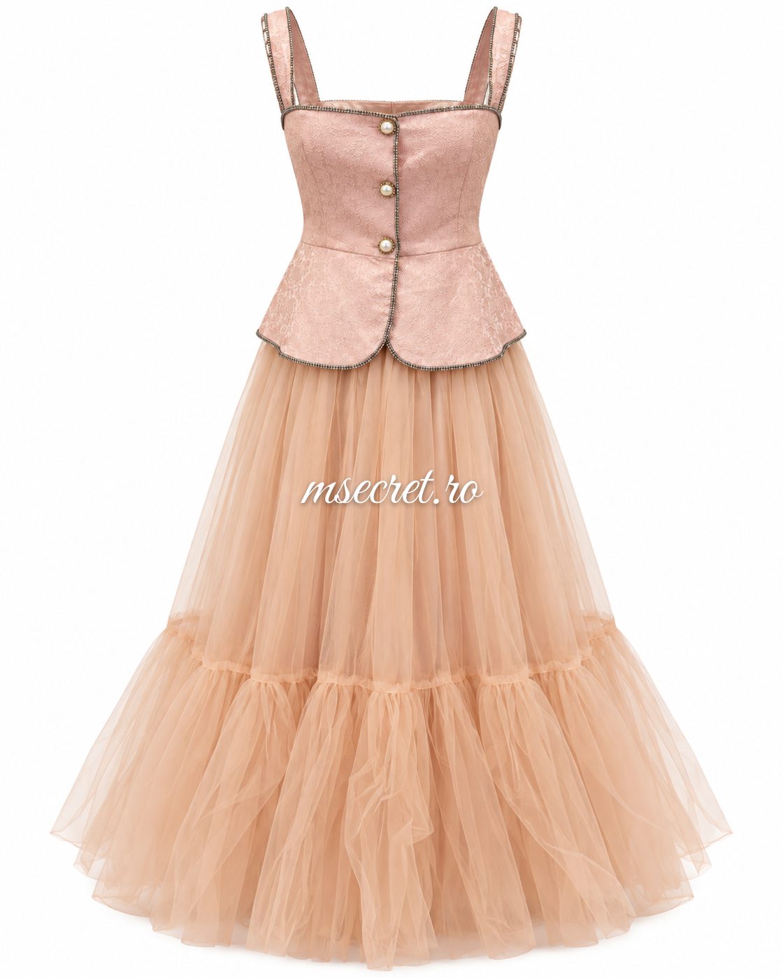Compleu roz din doua piese, corset si fusta din tul - vedere din fata