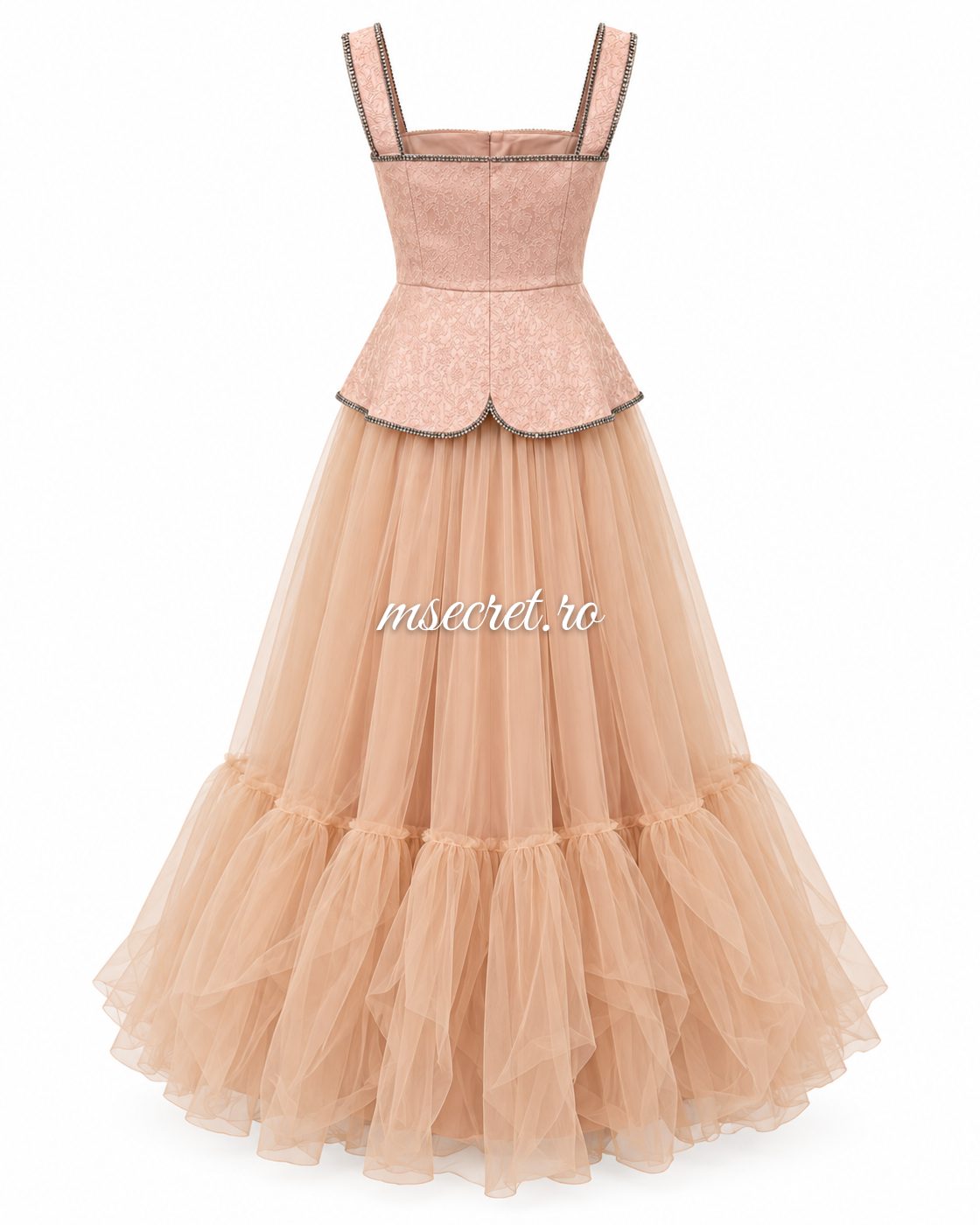 Compleu roz din doua piese, corset si fusta din tul - vedere din spate